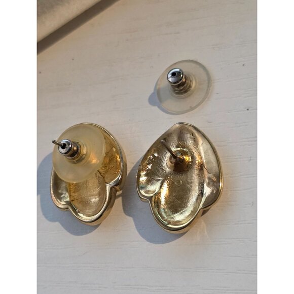 Monet Gold-Tone & White Enamel Post Back Earrings Vintage - Picture 3 of 4